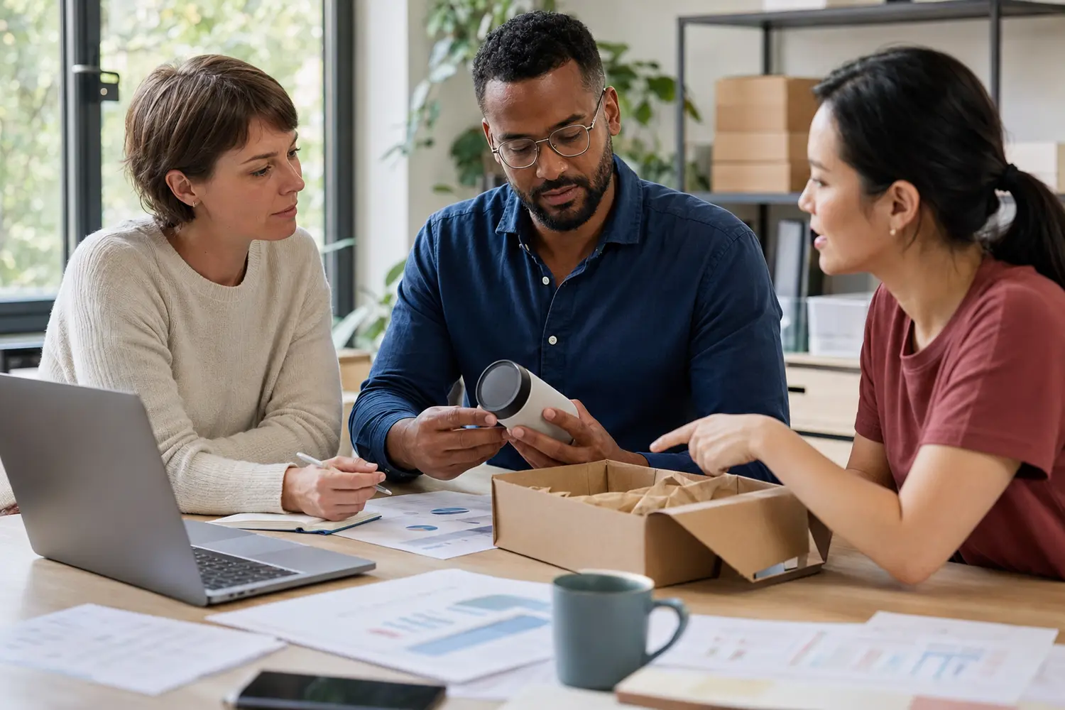 E-commerce team evaluates customer feedback on product, delivery, and service