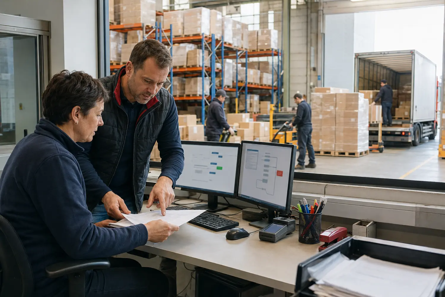Logistics and trade team monitors EDI documents between ERP, warehouse, and business partners