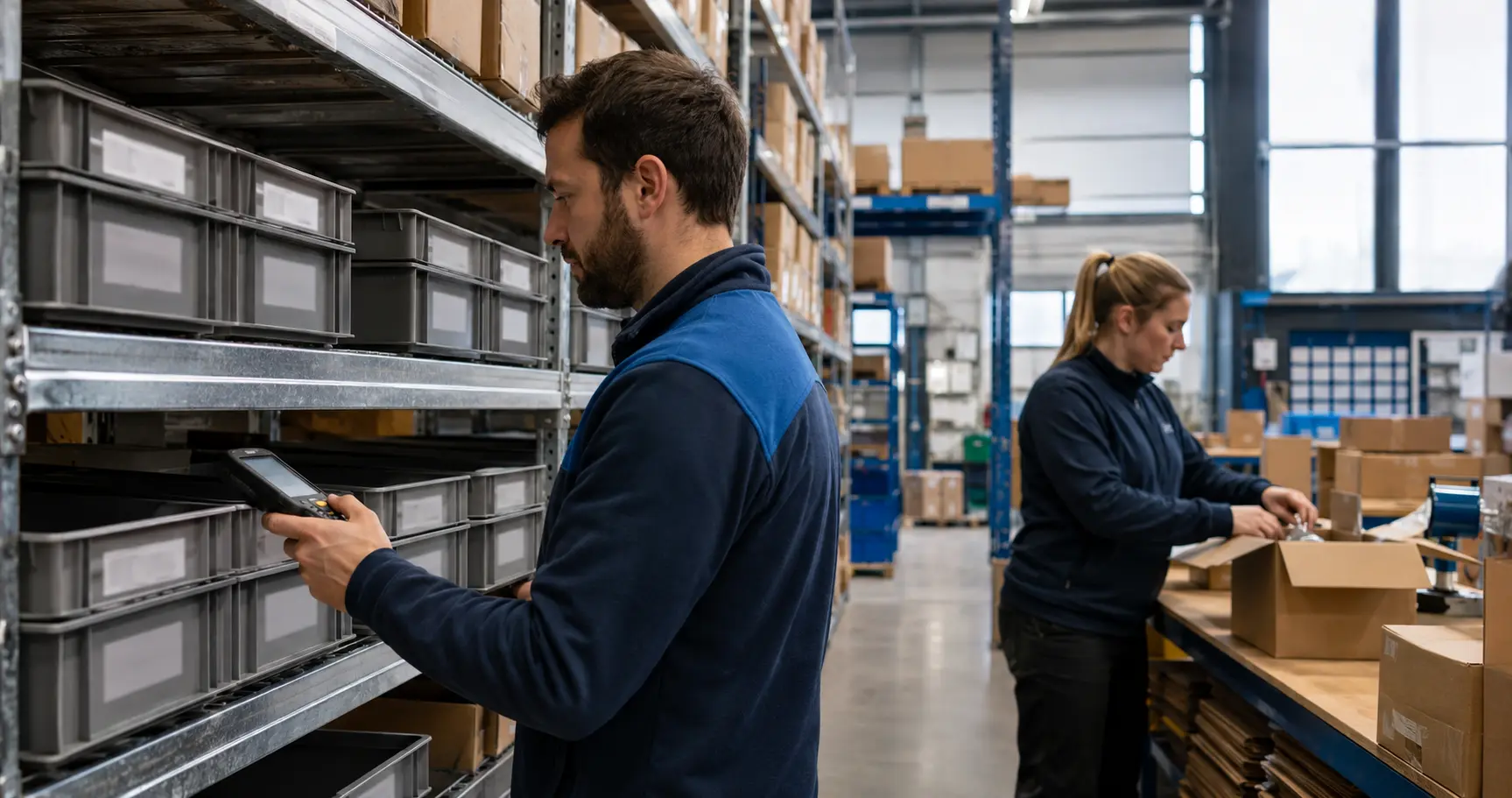 Employee scans goods in an organised warehouse with a barcode system