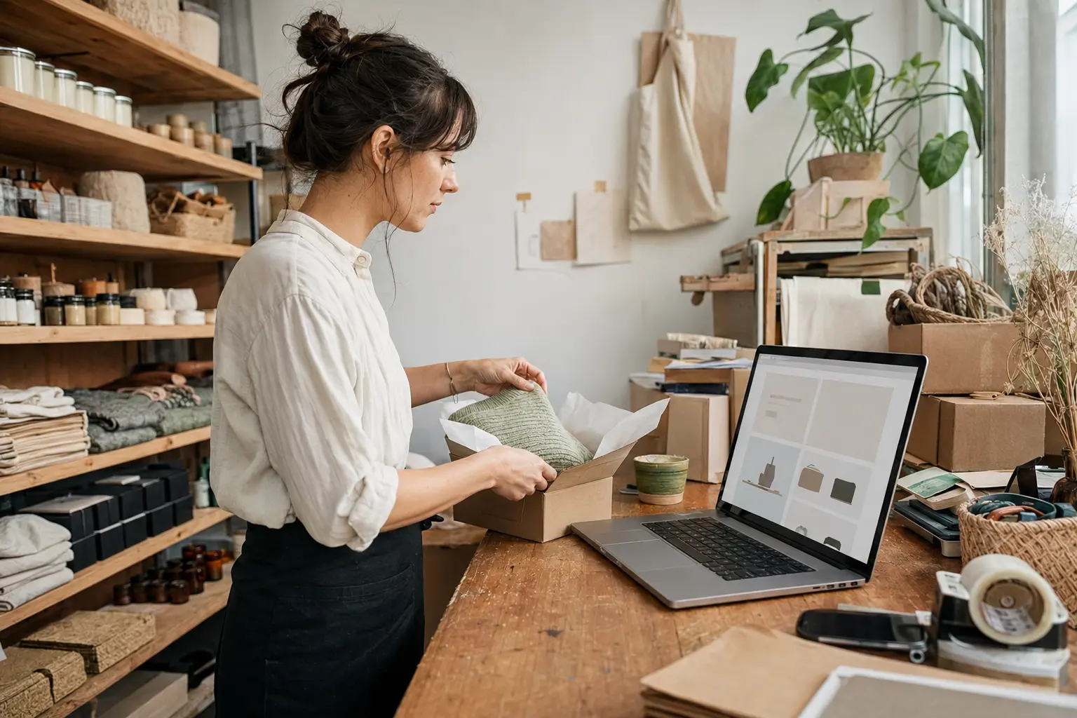 E-commerce retailer works between online shop, products, and shipping process