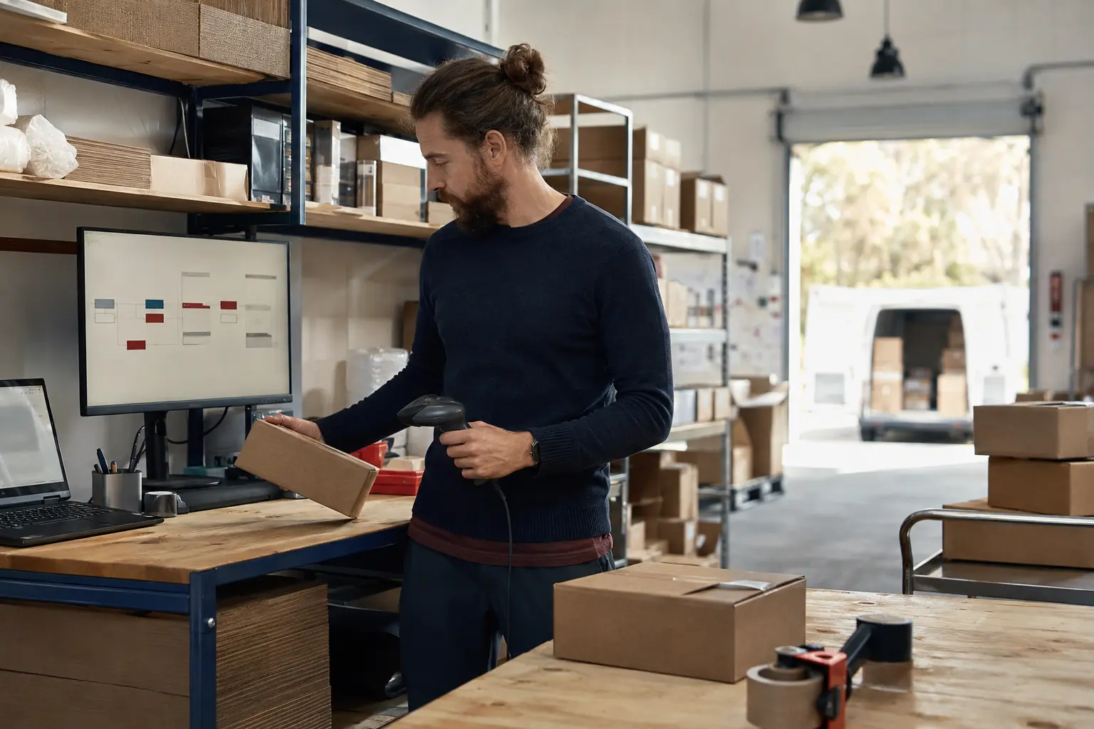 Employee controls connected e-commerce and logistics processes between workplace and shipping