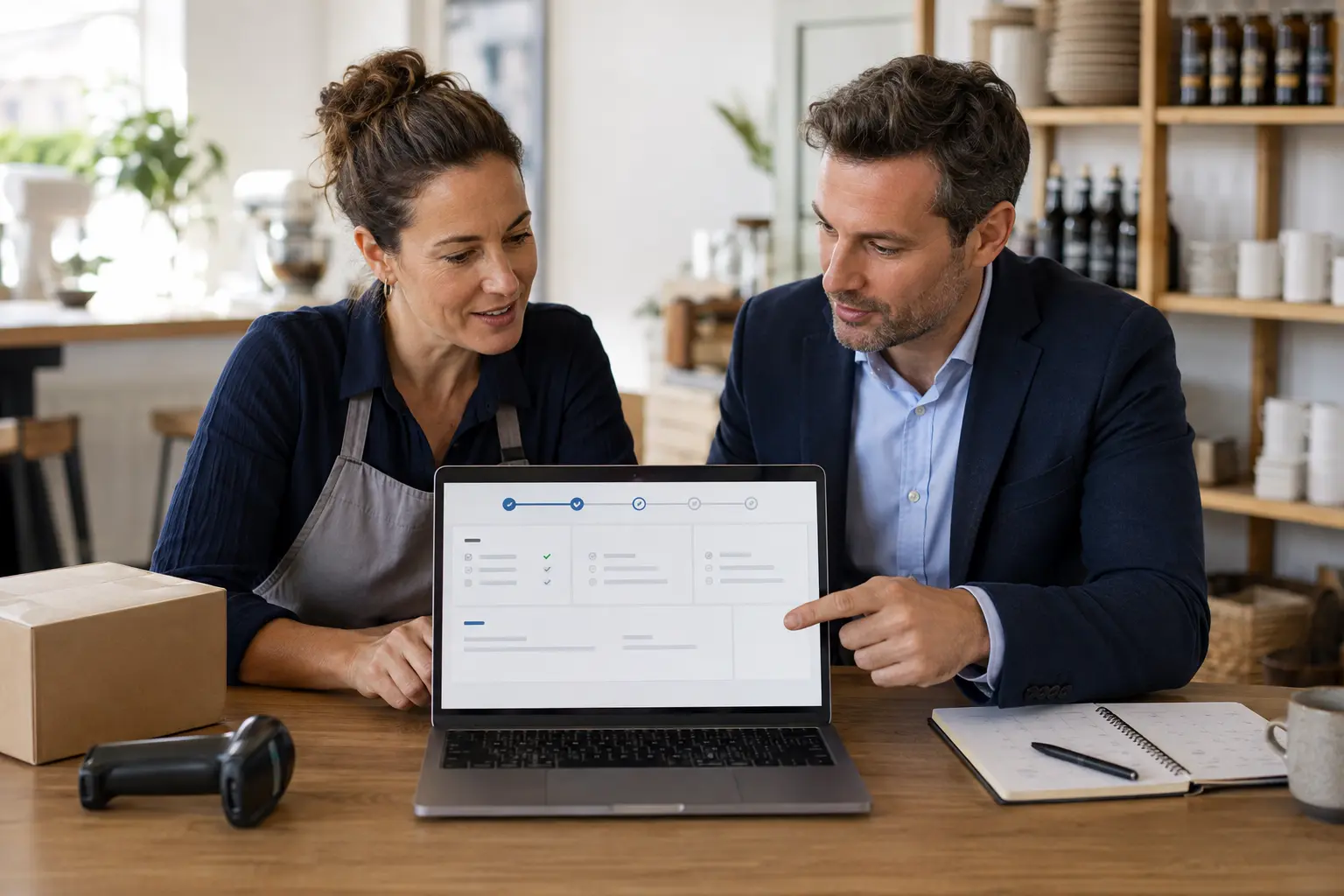 Entrepreneur and consultant review the setup of a pre-configured industry solution